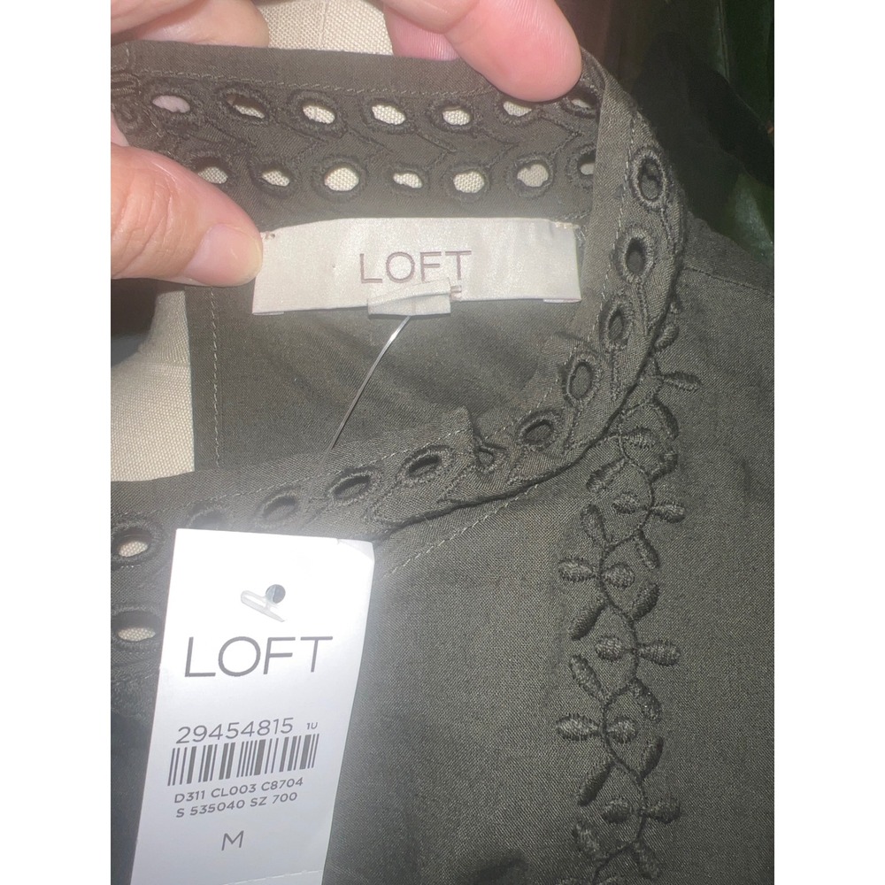 LOFT Womens Olive Green Mock Neck Eyelet Embroidered Long Sleeve Blouse Top M - Picture 7 of 8